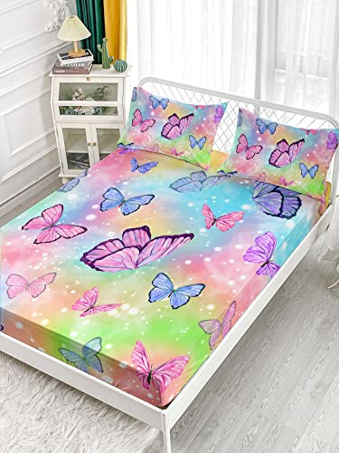 Datura home Bedding Fitted Sheet and Flat Sheet Set 4Pcs Colorful Rainbow Butterfly Printed Bedding Set with 1 Flat Sheet and 1 Fitted Sheet + 2 Pillowcases for Girls (Rainbow Butterfly Full)