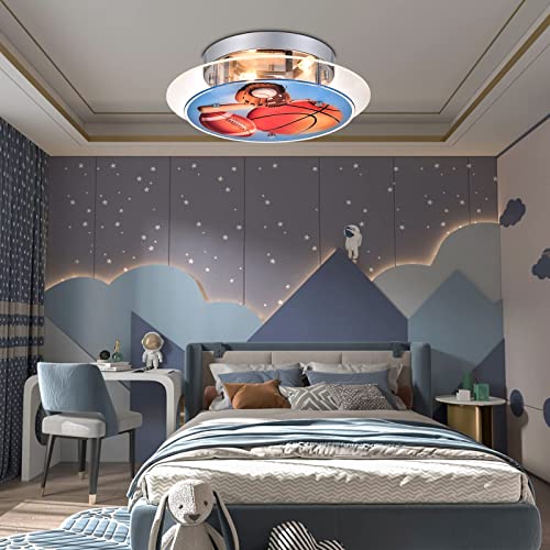 Maxax 3 Lights Ceiling Light, Modern Kids Flush Mount Lighting Fixture, Basketball Glass Shade Chandelier for Kids Room, Children Room, Bedroom, Living Room, Kindergarten, Boys Room, Chrome