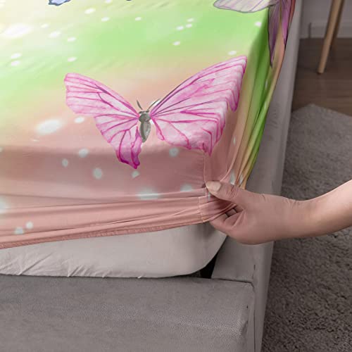 Datura home Bedding Fitted Sheet and Flat Sheet Set 4Pcs Colorful Rainbow Butterfly Printed Bedding Set with 1 Flat Sheet and 1 Fitted Sheet + 2 Pillowcases for Girls (Rainbow Butterfly Full)