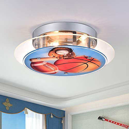Maxax 3 Lights Ceiling Light, Modern Kids Flush Mount Lighting Fixture, Basketball Glass Shade Chandelier for Kids Room, Children Room, Bedroom, Living Room, Kindergarten, Boys Room, Chrome