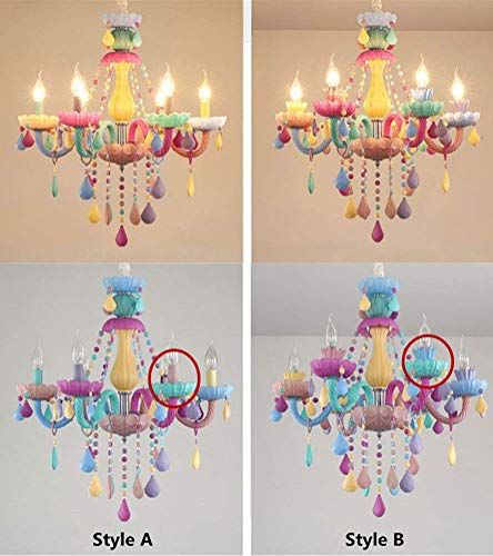 LAKIQ Colorful Crystal Hanging Chandelier Light Fixture 6 Lights European Girls Room Pendant Ceiling Lighting Candle Chandelier for Girls Bedroom Living Room Dining Room Coffee Shop (Style B)