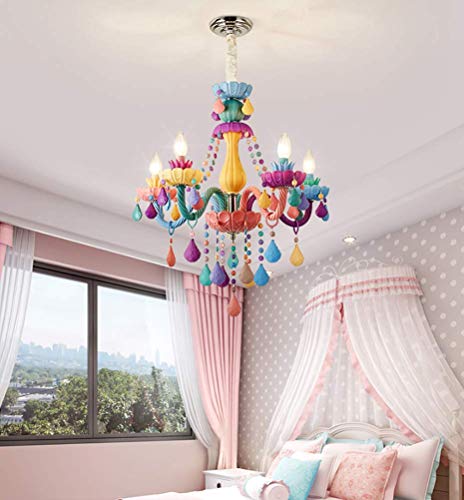 LAKIQ Colorful Crystal Hanging Chandelier Light Fixture 6 Lights European Girls Room Pendant Ceiling Lighting Candle Chandelier for Girls Bedroom Living Room Dining Room Coffee Shop (Style B)
