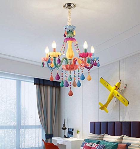 LAKIQ Colorful Crystal Hanging Chandelier Light Fixture 6 Lights European Girls Room Pendant Ceiling Lighting Candle Chandelier for Girls Bedroom Living Room Dining Room Coffee Shop (Style B)