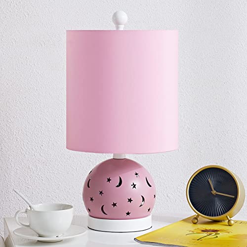 Maxax Kids Pink Table Lamp with Cute Night Light, 2-Lights Desk Lamp for Girls, Stars and Moon Base with Pink Shade Decor for Kids Bedroom, Reading Room, Baby Room