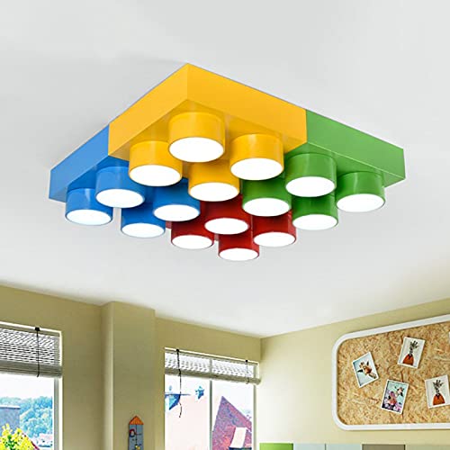 LITFAD Building Block Playroom Ceiling Light Metallic Childrens LED Flush Mount Fixture Modern Creative Ceiling Lamp Pendant Lighting for Children's Room Kids Bedroom Kindergarten, Green 15.8"