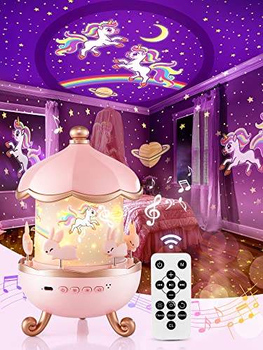 One Fire Night Light for Kids Room Decor, 72 Light Modes Sound Machine Baby Night Light Projector, Remote Timer Kids Night Lights for Bedroom, Rechargeable White Noise Kawaii Unicorns Gifts for Girls