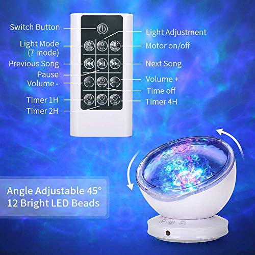 ziziwin Ocean Wave Projector, 12 LED Remote Control Night Light Lamp Timer 8 Colors Changing LED Kids Night Light Projector Lamp for Baby Children Adult Bedroom Living Room and Party Decorations