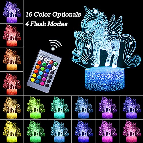 Unicorn Night Light, 3D Illusion Lamp Unicorn Lights for Kids Room, 16 Colors & Flashing Modes with Remote Control Opreated Dimmable Christmas Birthday Gifts for Boys Girls Kids Children Teen