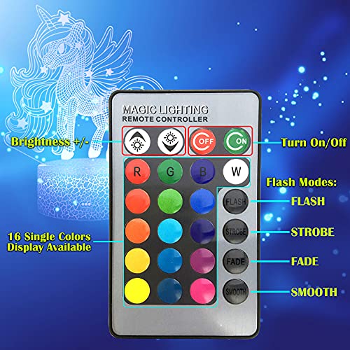 Unicorn Night Light, 3D Illusion Lamp Unicorn Lights for Kids Room, 16 Colors & Flashing Modes with Remote Control Opreated Dimmable Christmas Birthday Gifts for Boys Girls Kids Children Teen