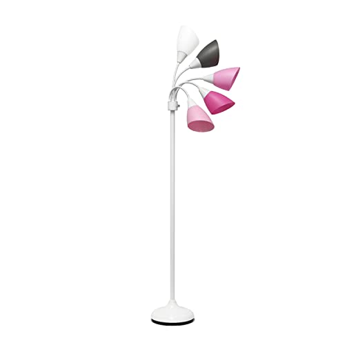 Simple Designs LF2006-WPG 67" Contemporary Multi Head Medusa 5 Light Adjustable Gooseneck White Floor Lamp with Pink, White, Gray Shades for Kids Bedroom Playroom Living Room Office, 30 x 10 x 67