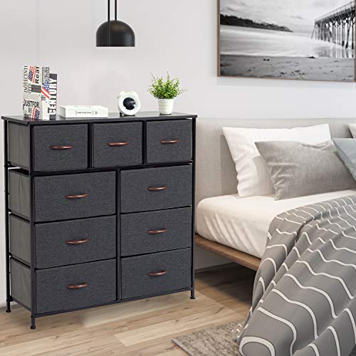 WAYTRIM Dresser for Bedroom with 9 Drawers, Tall Fabric Dresser, Wide Chest of Drawers for Closet, Clothes, Kids, Baby, Living Room, Wood Board, Fabric Drawers (Dark Indigo)