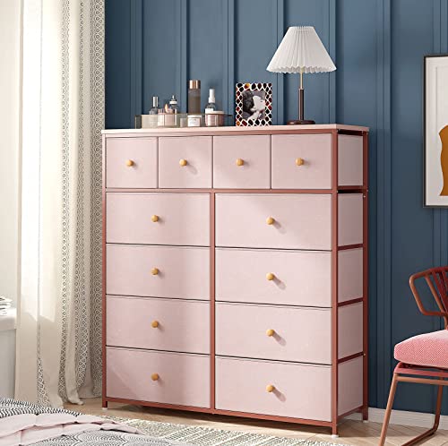 EnHomee Dresser for Bedroom Pink Dresser for Girls Bedroom with 12 Drawers Girls Dresser Chest of Drawers with Wood Top, Metal Frame, Tall Dressers for Bedroom, Closet, Nursery, Living Room Pink