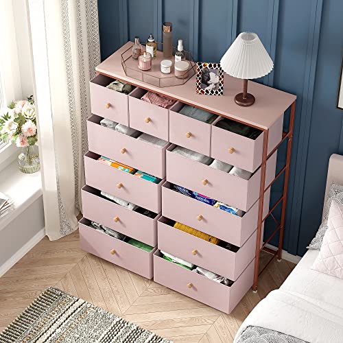 EnHomee Dresser for Bedroom Pink Dresser for Girls Bedroom with 12 Drawers Girls Dresser Chest of Drawers with Wood Top, Metal Frame, Tall Dressers for Bedroom, Closet, Nursery, Living Room Pink