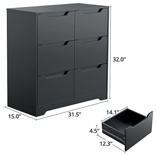 Cozy Castle Dresser with 6 Drawers, Dresser with Cutout Handle, Dresser Drawer Organizers for Kids Bedroom, Modern Dresser for Bedroom, Black