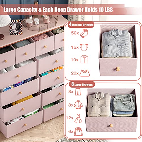 EnHomee Dresser for Bedroom Pink Dresser for Girls Bedroom with 12 Drawers Girls Dresser Chest of Drawers with Wood Top, Metal Frame, Tall Dressers for Bedroom, Closet, Nursery, Living Room Pink