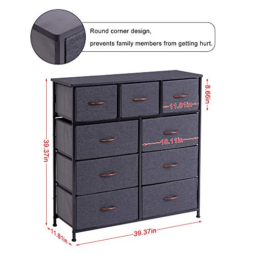 WAYTRIM Dresser for Bedroom with 9 Drawers, Tall Fabric Dresser, Wide Chest of Drawers for Closet, Clothes, Kids, Baby, Living Room, Wood Board, Fabric Drawers (Dark Indigo)
