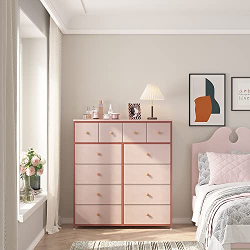 EnHomee Dresser for Bedroom Pink Dresser for Girls Bedroom with 12 Drawers Girls Dresser Chest of Drawers with Wood Top, Metal Frame, Tall Dressers for Bedroom, Closet, Nursery, Living Room Pink