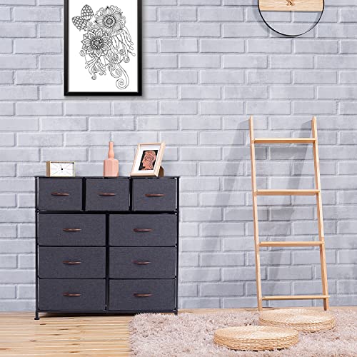WAYTRIM Dresser for Bedroom with 9 Drawers, Tall Fabric Dresser, Wide Chest of Drawers for Closet, Clothes, Kids, Baby, Living Room, Wood Board, Fabric Drawers (Dark Indigo)