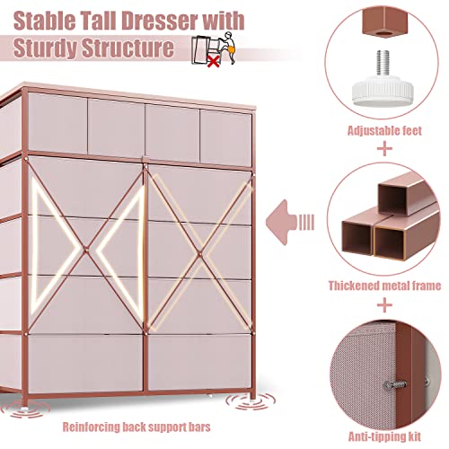 EnHomee Dresser for Bedroom Pink Dresser for Girls Bedroom with 12 Drawers Girls Dresser Chest of Drawers with Wood Top, Metal Frame, Tall Dressers for Bedroom, Closet, Nursery, Living Room Pink
