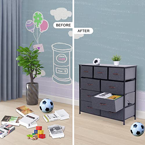 WAYTRIM Dresser for Bedroom with 9 Drawers, Tall Fabric Dresser, Wide Chest of Drawers for Closet, Clothes, Kids, Baby, Living Room, Wood Board, Fabric Drawers (Dark Indigo)