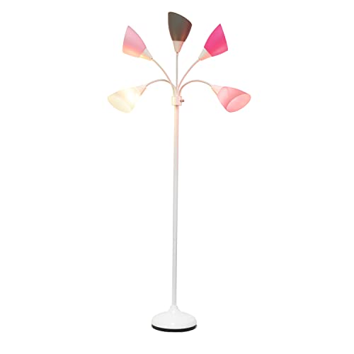 Simple Designs LF2006-WPG 67" Contemporary Multi Head Medusa 5 Light Adjustable Gooseneck White Floor Lamp with Pink, White, Gray Shades for Kids Bedroom Playroom Living Room Office, 30 x 10 x 67