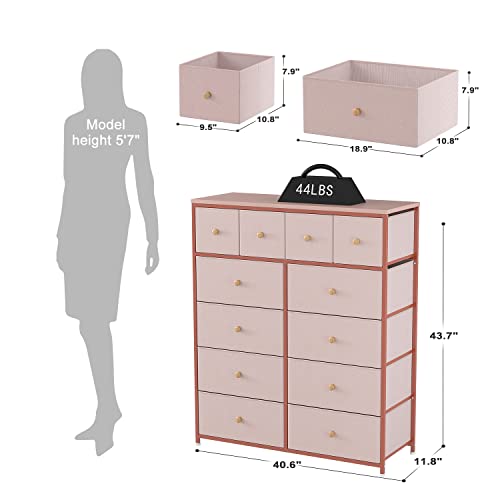 EnHomee Dresser for Bedroom Pink Dresser for Girls Bedroom with 12 Drawers Girls Dresser Chest of Drawers with Wood Top, Metal Frame, Tall Dressers for Bedroom, Closet, Nursery, Living Room Pink