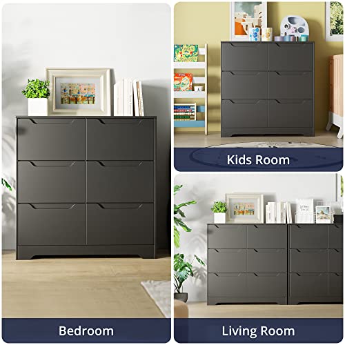 Cozy Castle Dresser with 6 Drawers, Dresser with Cutout Handle, Dresser Drawer Organizers for Kids Bedroom, Modern Dresser for Bedroom, Black