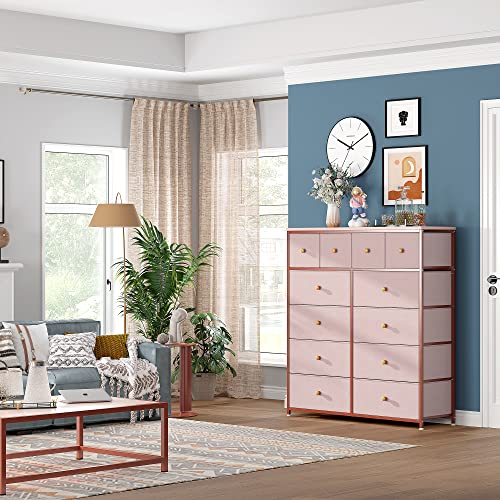 EnHomee Dresser for Bedroom Pink Dresser for Girls Bedroom with 12 Drawers Girls Dresser Chest of Drawers with Wood Top, Metal Frame, Tall Dressers for Bedroom, Closet, Nursery, Living Room Pink