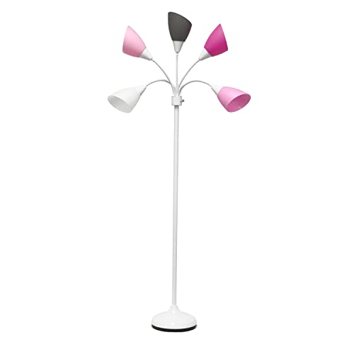 Simple Designs LF2006-WPG 67" Contemporary Multi Head Medusa 5 Light Adjustable Gooseneck White Floor Lamp with Pink, White, Gray Shades for Kids Bedroom Playroom Living Room Office, 30 x 10 x 67