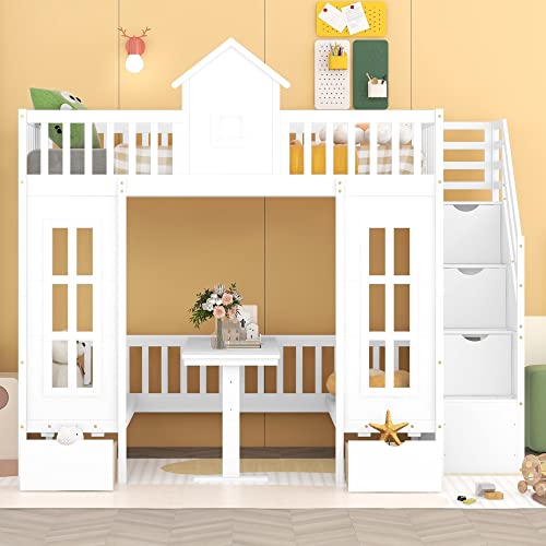 Playhouse Design Full over Full Size Bunk Bed with Storage Staircase, Solid Wood Bunk Bed Frame with Guardrail for Kids Teens Boys Girls, Down Bed Convertible to Seats and Table Set (White-F)