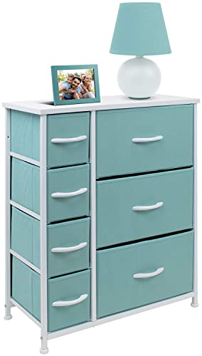 Sorbus Dresser with 7 Drawers - Furniture Storage Chest for Kid’s, Teens, Bedroom, Nursery, Playroom, Clothes, Toys - Steel Frame, Wood Top, Tie-dye Fabric Bins (7-Drawer, Pastel Aqua)
