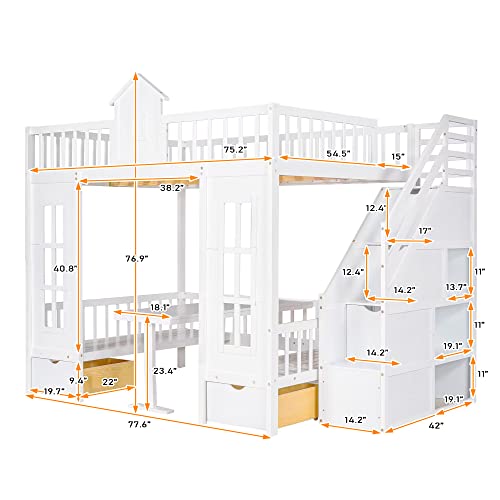 Playhouse Design Full over Full Size Bunk Bed with Storage Staircase, Solid Wood Bunk Bed Frame with Guardrail for Kids Teens Boys Girls, Down Bed Convertible to Seats and Table Set (White-F)