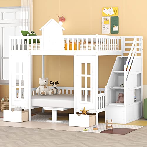 Playhouse Design Full over Full Size Bunk Bed with Storage Staircase, Solid Wood Bunk Bed Frame with Guardrail for Kids Teens Boys Girls, Down Bed Convertible to Seats and Table Set (White-F)