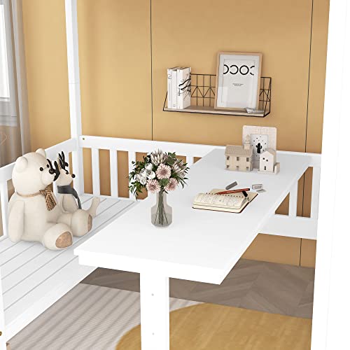 Playhouse Design Full over Full Size Bunk Bed with Storage Staircase, Solid Wood Bunk Bed Frame with Guardrail for Kids Teens Boys Girls, Down Bed Convertible to Seats and Table Set (White-F)