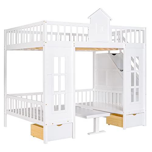 Playhouse Design Full over Full Size Bunk Bed with Storage Staircase, Solid Wood Bunk Bed Frame with Guardrail for Kids Teens Boys Girls, Down Bed Convertible to Seats and Table Set (White-F)