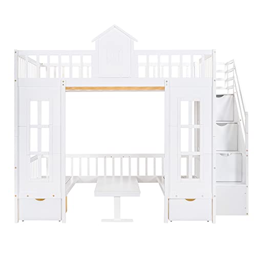 Playhouse Design Full over Full Size Bunk Bed with Storage Staircase, Solid Wood Bunk Bed Frame with Guardrail for Kids Teens Boys Girls, Down Bed Convertible to Seats and Table Set (White-F)