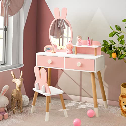 Costzon Kids Vanity Set, Girls Vanity Set with Mirror and Stool, 2 Large Drawers, Storage Shelf, Wooden Princess Makeup Dressing Table, Pretend Play Vanity Table and Chair Set for Toddlers, Pink