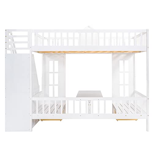 Playhouse Design Full over Full Size Bunk Bed with Storage Staircase, Solid Wood Bunk Bed Frame with Guardrail for Kids Teens Boys Girls, Down Bed Convertible to Seats and Table Set (White-F)