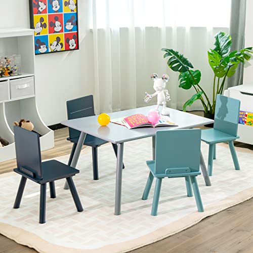 Costzon Kids Table and Chair Set, 5-Piece Toddler Table & 4 Chairs w/Toy Bricks for Arts, Crafts, Snack Time & Homework, Classroom Playroom Daycare Furniture for Boys & Girls Age 3-7 (Grey, Blue)