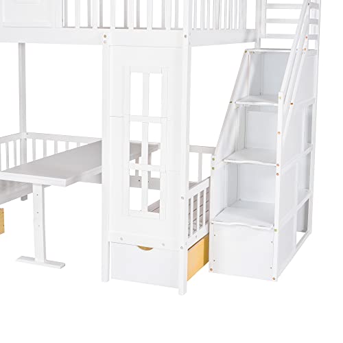 Playhouse Design Full over Full Size Bunk Bed with Storage Staircase, Solid Wood Bunk Bed Frame with Guardrail for Kids Teens Boys Girls, Down Bed Convertible to Seats and Table Set (White-F)