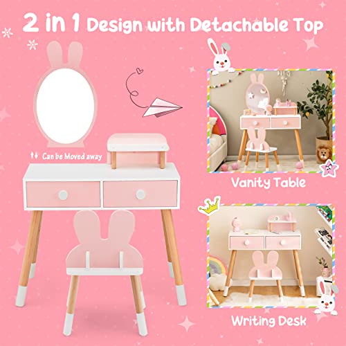 Costzon Kids Vanity Set, Girls Vanity Set with Mirror and Stool, 2 Large Drawers, Storage Shelf, Wooden Princess Makeup Dressing Table, Pretend Play Vanity Table and Chair Set for Toddlers, Pink