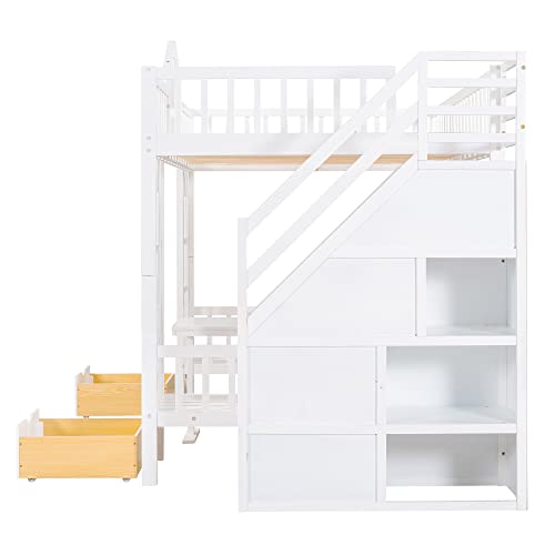 Playhouse Design Full over Full Size Bunk Bed with Storage Staircase, Solid Wood Bunk Bed Frame with Guardrail for Kids Teens Boys Girls, Down Bed Convertible to Seats and Table Set (White-F)