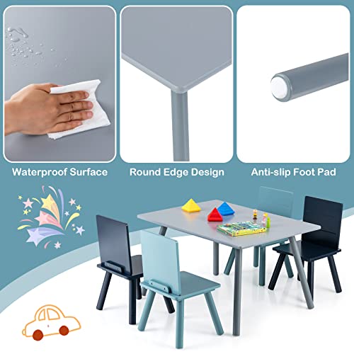 Costzon Kids Table and Chair Set, 5-Piece Toddler Table & 4 Chairs w/Toy Bricks for Arts, Crafts, Snack Time & Homework, Classroom Playroom Daycare Furniture for Boys & Girls Age 3-7 (Grey, Blue)