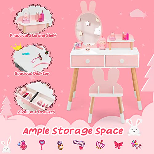 Costzon Kids Vanity Set, Girls Vanity Set with Mirror and Stool, 2 Large Drawers, Storage Shelf, Wooden Princess Makeup Dressing Table, Pretend Play Vanity Table and Chair Set for Toddlers, Pink