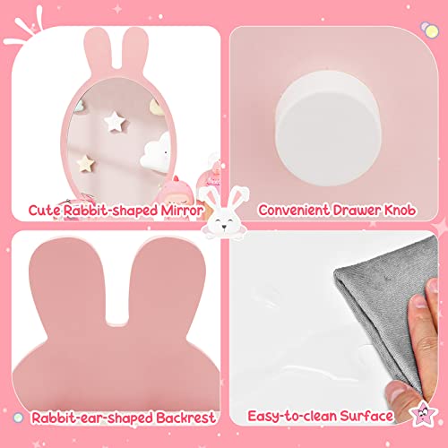 Costzon Kids Vanity Set, Girls Vanity Set with Mirror and Stool, 2 Large Drawers, Storage Shelf, Wooden Princess Makeup Dressing Table, Pretend Play Vanity Table and Chair Set for Toddlers, Pink