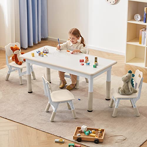 DOREROOM Toddler Table and Chairs Set for 4, 49''L x 25''W Kids Study Table and Chair Set, Height-Adjustable Scrubtable Desktop Child's Table for Daycare, Classroom, Home, Burlywood