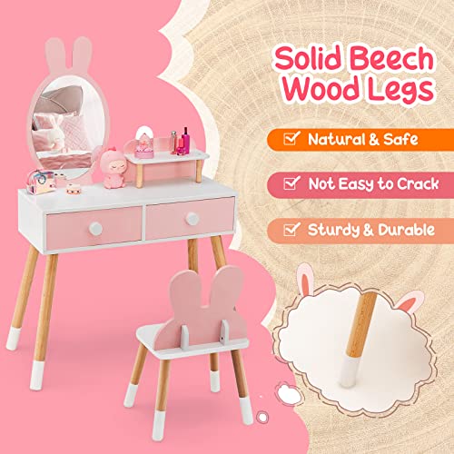 Costzon Kids Vanity Set, Girls Vanity Set with Mirror and Stool, 2 Large Drawers, Storage Shelf, Wooden Princess Makeup Dressing Table, Pretend Play Vanity Table and Chair Set for Toddlers, Pink