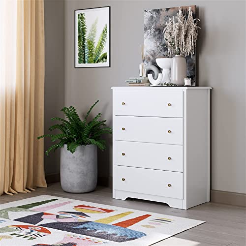 URKNO White Dresser with 4 Drawers, Modern Wide Chest of Drawers, Solid Wood Frame, Tall Storage Chest, Nightstand for Bedroom, Closet, Entryway, White