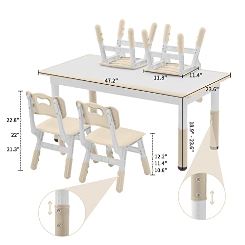 DOREROOM Toddler Table and Chairs Set for 4, 49''L x 25''W Kids Study Table and Chair Set, Height-Adjustable Scrubtable Desktop Child's Table for Daycare, Classroom, Home, Burlywood