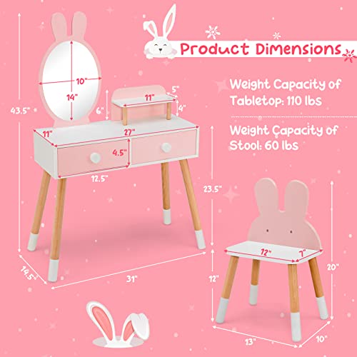 Costzon Kids Vanity Set, Girls Vanity Set with Mirror and Stool, 2 Large Drawers, Storage Shelf, Wooden Princess Makeup Dressing Table, Pretend Play Vanity Table and Chair Set for Toddlers, Pink